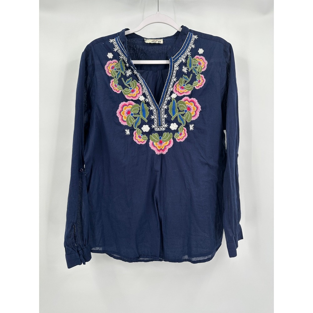 Womens Boho Embroidered Top Size 2X Floral Folk Hippie Festival Artisanal Gypsy